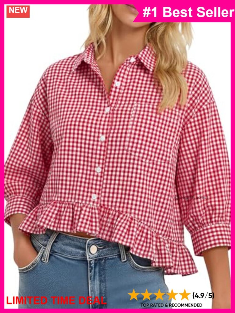 Womens 3/4 Sleeve Button Down Ruffle Hem Blouse Collared V Neck